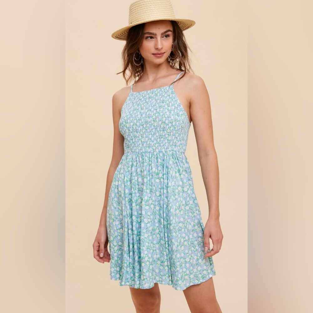 Adreal Blue Ditzy Floral Smocked Mini Dress